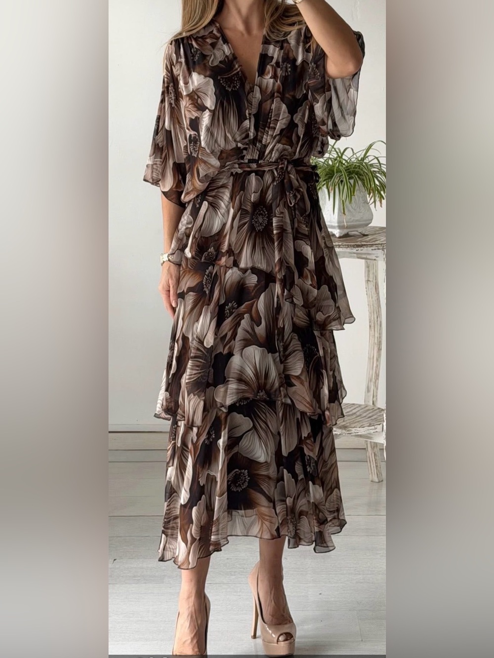 New with tags Brown silk Floral Tiered Maxi Dress